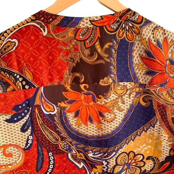 Chico's Women's Top Sz S Paisley Peasant  Lace Up Asymmetrical  Orange Brown - Picture 6 of 12